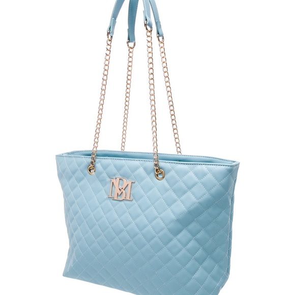🆕 Badgley Mischka Light Blue Vegan Leather Quilted Tote with Gold Chain Straps - Picture 3 of 6